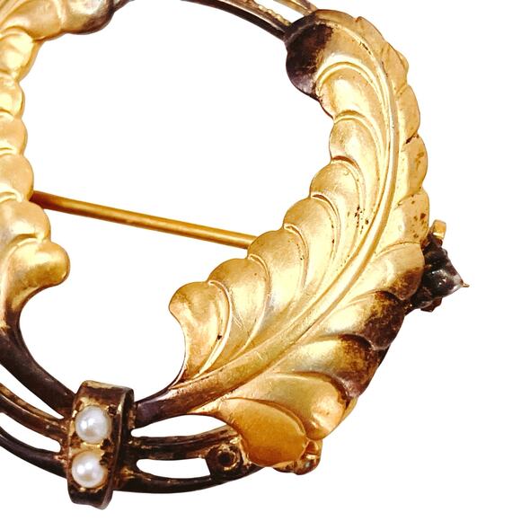 Antique 1910s 1920s Art Deco Rolled Gold Seed Pearl Laurel Wreath Brooch Pin VTG - Picture 3 of 11